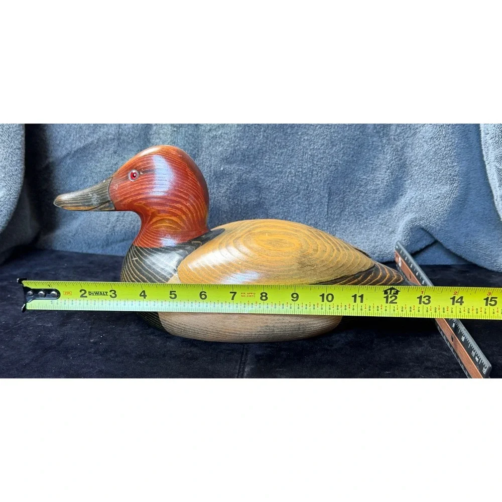 John Bass Signed Hand Carved Wooden Redhead Duck Decoy Figurine 12.5 Inch